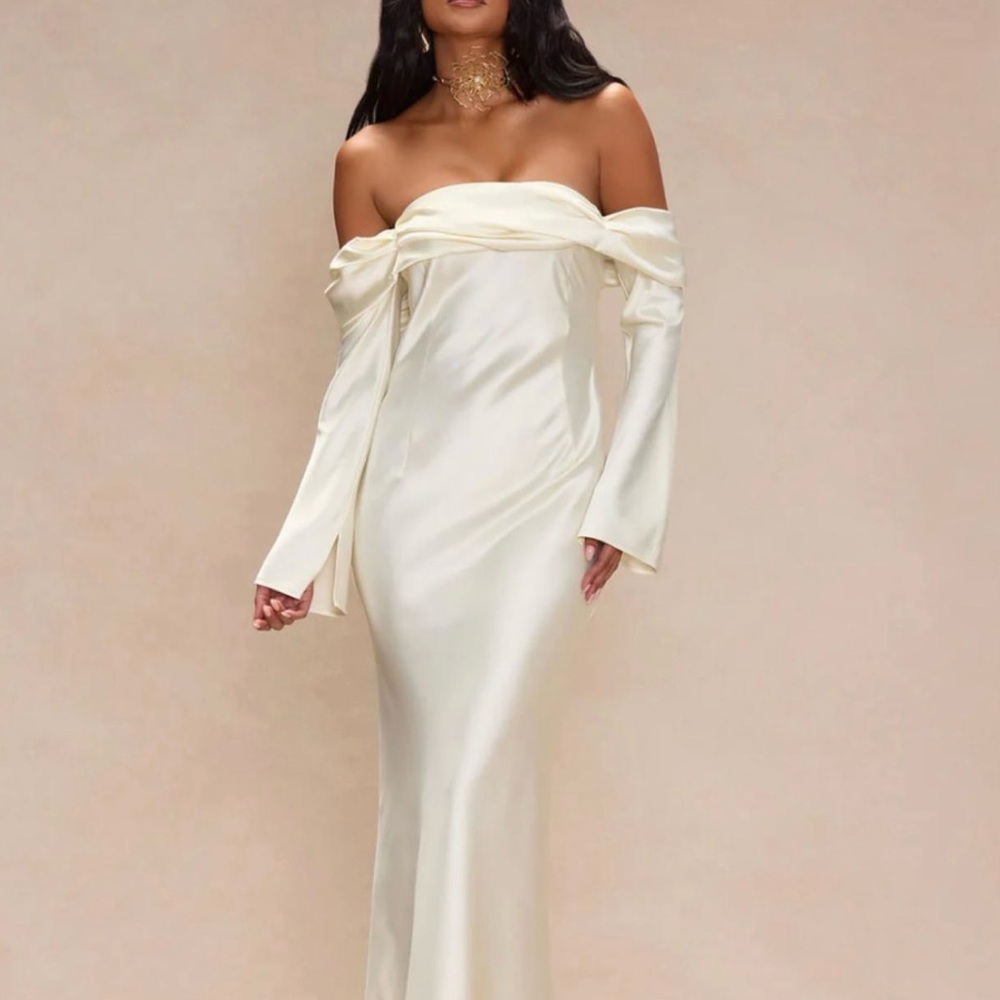 Fashion Nova Cream Off-Shoulder Dress